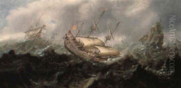 Kriegsschiffe Auf Aufgewuhlter See In Kustennahe - view 1