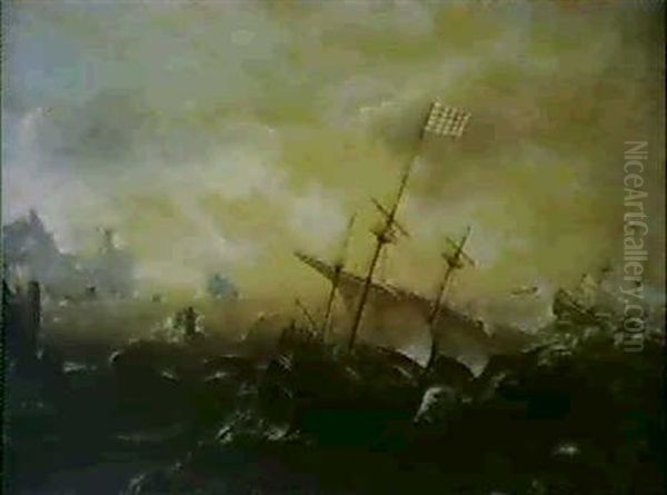Ships Under Full Sail In A Strong Breeze Off A Rocky Shore - view 1
