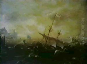 Ships Under Full Sail In A Strong Breeze Off A Rocky Shore by Andries Van Eertvelt
