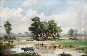 Paisaje Con Lago Y Vacas by Manuel Arroyo Y Lorenzo