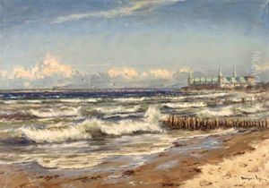 Oresund-einfahrt Mit Schloss Kronborg Und Die Schwedische Kuste Bei Helsingborg by Mogens Ege