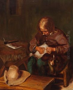 Boy Defleaing A Dog by Johannes Hinderikus Egenberger