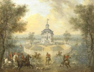 A Stag Hunt Before The Jagdschloss At Kranichstein; And A Stag Hunt By The Jagdpavillon Dianaburg (2) by Georg Adam Eger