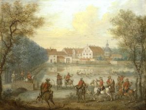 A Stag Hunt Before The Jagdschloss At Kranichstein; And A Stag Hunt By The Jagdpavillon Dianaburg (2) by Georg Adam Eger