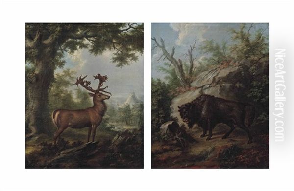 A Stag In A Wooded Landscape (+ A Musk Ox In A Wooded Landscape; Pair) - view 1