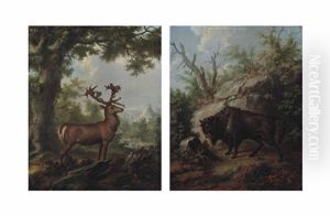 A Stag In A Wooded Landscape (+ A Musk Ox In A Wooded Landscape; Pair) by Georg Adam Eger
