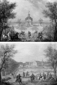 View Of Jagdschloss Kranichstein With A Stag Hunt View Of Jagdpavillon Dianaburg, With A Stag Hunt by Georg Adam Eger