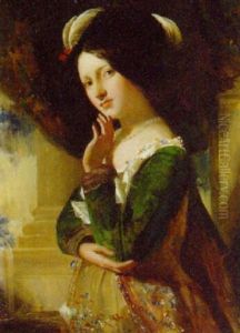 Portrait Of Rose Bradwardine, Standing Three-quarter-length, In A Green Sleeved Dress And Plumed Hat, In An Interior