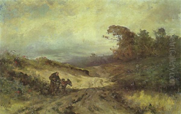Monch Mit Einem Maultier Auf Dem Feldweg In Hugeliger Landschaft - view 1