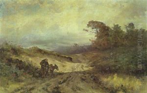 Monch Mit Einem Maultier Auf Dem Feldweg In Hugeliger Landschaft by Gustav Eggena