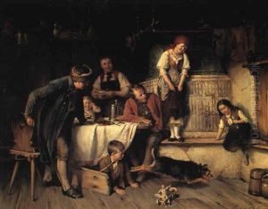 Interior Med Familie Ved Middagsbordet, Hunden Er Pa Musejagt by Sigmund Eggert