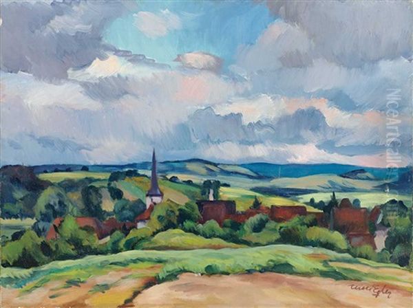 Hugelige Fruhlingslandschaft Mit Kirchdorf - view 1