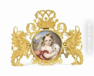 A Young Girl Of The Londonderry Family, In A Red Dress With Lace Trim, Holding A Small White Dog; Mountainous Background A Young Girl Of The Londonderry Family, In A Red Dress With Lace Trim, Holding A Small White Dog; Mountainous Background