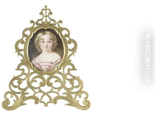 A Young Girl, Wearing White Dress With Folds Of Pink, Her Blonde Curls Parted And Worn Short - view 1