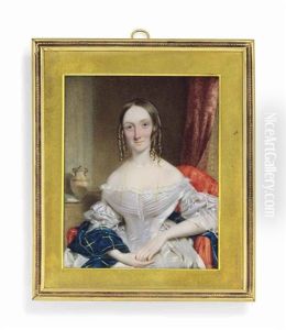 A Young Lady, In White Silk Dress With Lace Sleeves And Tartan Shawl, Thin Gold Necklace, Her Centre-parted Hair In Ringlets; Red Curtain A Young Lady, In White Silk Dress With Lace Sleeves And Tartan Shawl, Thin Gold Necklace, Her Centre-parted Hair In Ringlets; Red Curtain