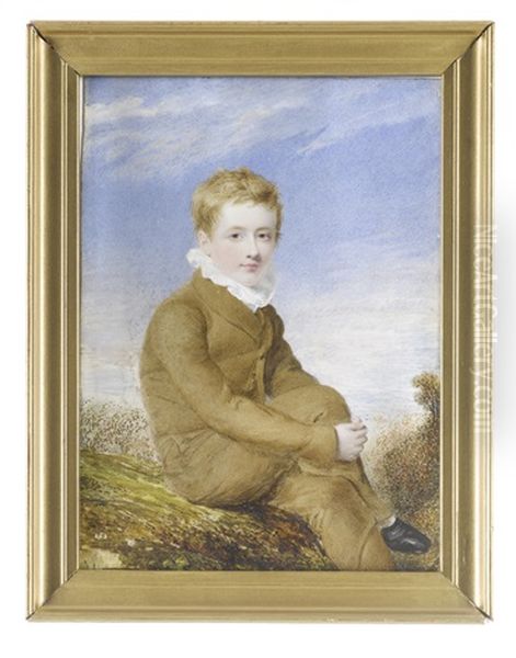 A Boy, Called William Bailey, Seated On A Grassy Mound, His Hands Clasped Around His Right Knee, Wearing Tan Trousers And Matching Jacket, White Chemise With Frilled Collar And Black Shoes - view 1
