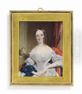 A Young Lady, In White Silk Dress With Lace Sleeves And Tartan Shawl, Thin Gold Necklace, Her Centre-parted Hair In Ringlets; Red Curtain, Striped Red Chair, Vase A Young Lady, In White Silk Dress With Lace Sleeves And Tartan Shawl, Thin Gold Necklace, Her Centre-parted Hair In Ringlets; Red Curtain, Striped Red Chair, Vase