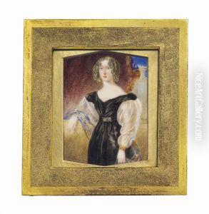 Lady Emma Pennant, Nee Brudenell, In Black Dress With White Gauze Sleeves, A Coloured Shawl Draped Over Her Right Arm Which Rests On A Stone Wall, Her Left Hand, With Gold Wedding Band Lady Emma Pennant, Nee Brudenell, In Black Dress With White Gauze Sleeves, A Coloured Shawl Draped Over Her Right Arm Which Rests On A Stone Wall, Her Left Hand, With Gold Wedding Band