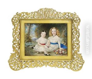 Double Portrait Of Two Daughters Of Richard Fellowes Benyon, Seated In A Woodland Landscape With A Basket Of Flowers, Both In White Dresses Double Portrait Of Two Daughters Of Richard Fellowes Benyon, Seated In A Woodland Landscape With A Basket Of Flowers, Both In White Dresses