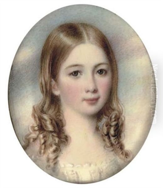 A Young Girl In White Dress, Her Fair Hair Falling In Ringlets - view 1