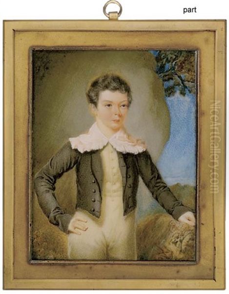A Young Boy, In Ochre Breeches With Wide Frill Collar, Black Coat With Black Buttons, His Right Hand Resting On His Hip, And His Left Hand On A Rock (+ A Young Girl, In Peach Dress; 2 Works) - view 1