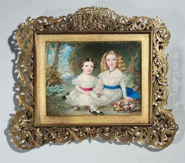 Die Tochter Des Richard Benyon Esq. Sitzen In Weisen Sommerkleidern In Einer Waldlandschaft, Vor Ihnen Ein Blumenkorbchen - view 1