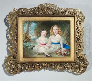 Die Tochter Des Richard Benyon Esq. Sitzen In Weisen Sommerkleidern In Einer Waldlandschaft, Vor Ihnen Ein Blumenkorbchen Die Tochter Des Richard Benyon Esq. Sitzen In Weisen Sommerkleidern In Einer Waldlandschaft, Vor Ihnen Ein Blumenkorbchen