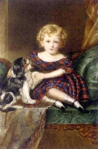 Horatio G. Murray Stewart As A Child Seated On A Green Upholstered Sofa On A Multi-coloured Cashmere Stole With His Tricolour Cavalier King Charles Spaniel, In Blue, Red And Green Tartan Dress Horatio G. Murray Stewart As A Child Seated On A Green Upholstered Sofa On A Multi-coloured Cashmere Stole With His Tricolour Cavalier King Charles Spaniel, In Blue, Red And Green Tartan Dress
