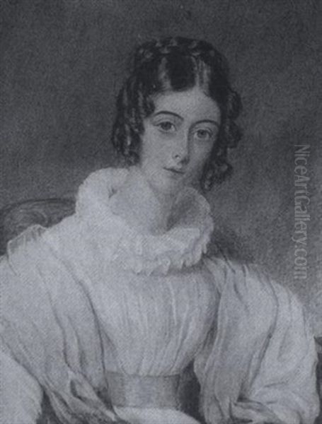 Selina Milner Wearing White Dress With Yellow Waistband, Ruff And Pale Blue Shawl - view 1
