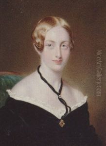 A Lady Wearing Decollete Black Dress With Frilled White Trim, Brooch At Her Corsage And Black Ribbon Necklace A Lady Wearing Decollete Black Dress With Frilled White Trim, Brooch At Her Corsage And Black Ribbon Necklace