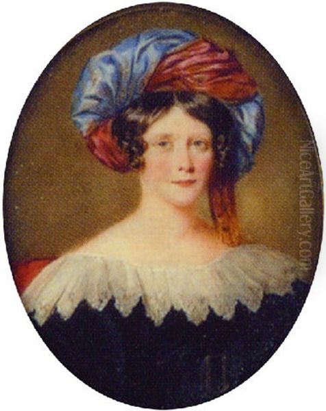 A Lady With Dark Curls And Wearing An Embroidered Blue And Red Turban - view 1