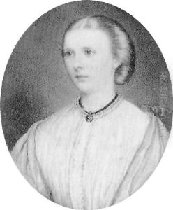 Mrs. Bashall Seated In A Red Upholstered Chair, Wearing Pale Blue Shawl Over White Dress With Lace Trimming by William Egley