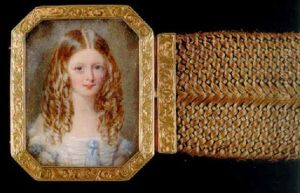 Portrait Of A Young Girl In A White Dress With Blue Bows Portrait Of A Young Girl In A White Dress With Blue Bows