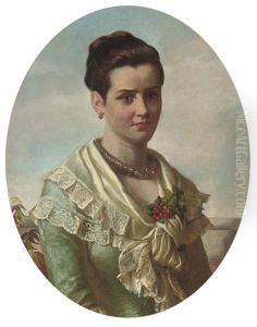 Portrait Of A Young Lady, In A Blue Dress And A White Lace Shawl Decorated With Berries