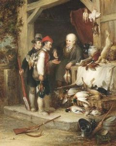 Beim Wildprethandler. Zwei Jager Verkaufen Dem Handler Ihre Beute by James T. Eglington