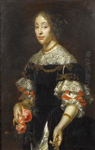 Portrait Of A Lady, In A Black Embroidered Dress And A White Lace Collar, Holding Roses - view 1