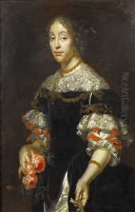 Portrait Of A Lady, In A Black Embroidered Dress And A White Lace Collar, Holding Roses by Justus van Egmont