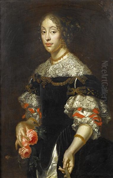Portrait Of A Lady In A Black Embroidered Dress And A White Lace Collar, Holding Roses - view 1