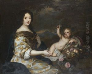 Putto Offrant Des Fleurs Et Des Fruits A Une Jeune Femme Dans Un Paysage