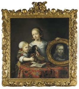 A Portrait Of Two Young Girls Standing Behind A Table Draped With A Carpet, One Holding A Doll And Mirror, The Other Holding A Small Dog Barking At Its Reflection by Justus van Egmont