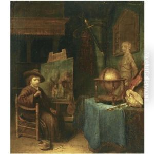 An Artist In His Studio (a Self-portrait?), Next To A Violin, A Globe, A Sculpture And A Sea Shell On A Draped Table
