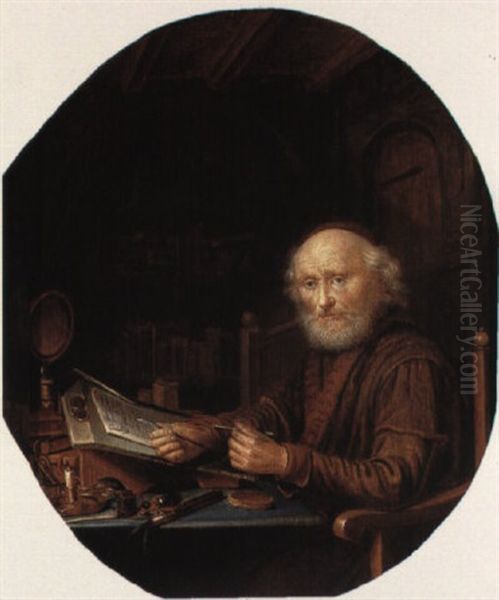 A Study Interior With An Old Man Seated At His Desk - view 1