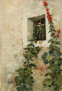 Hollyhocks In Front Of A Window - Study by Marie Egner