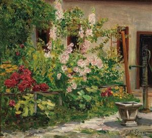 Front Garden With Blossoming Hollyhocks