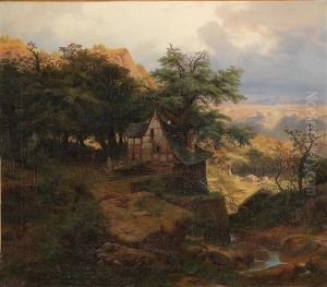 View Of An Open Landscape At Sunset by Friedrich J. Ehemant