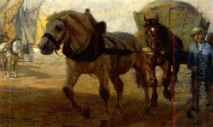 Von Pferden Gezogener Tangwagen An Sonnig Beleuchtetem Strandabschnitt by Paul Ehrenberg