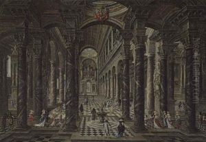 Interior Of A Baroque Church With Elegant Figures by Wilhelm Schubert van Ehrenberg