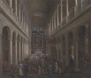 The Interior Of St. Charles Borromeo, Antwerp, With Elegant Company by Wilhelm Schubert van Ehrenberg