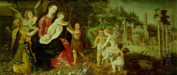 La Vierge A L'enfant Avec Saint Jean-baptiste Entoures D'anges - view 1