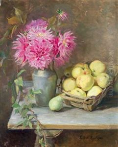 Stilleben Mit Fruchten Und Einem Straus Von Dahlien Boten Des Herbstes by Ella Ehrenberger